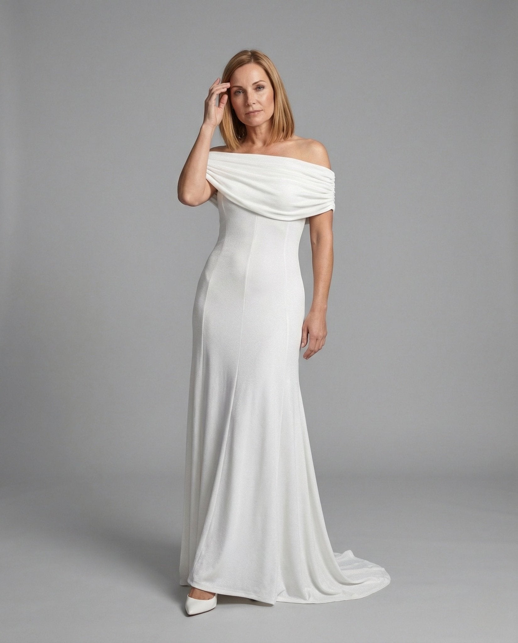 Ladies Carmen Evening Dress with Shawl Collar - Chichicherry