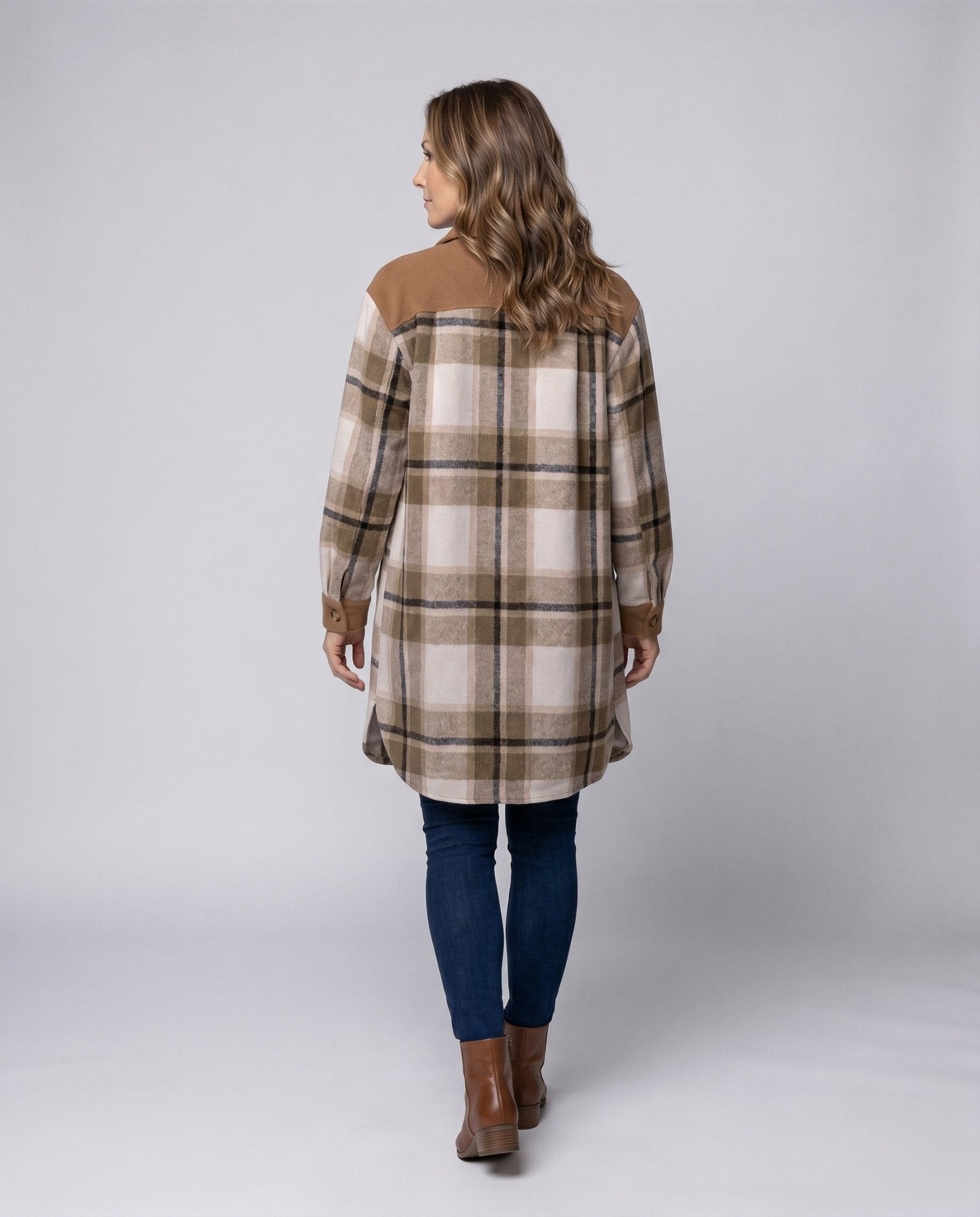Ladies Checked Flannel Shirt Jacket with Patch Pockets - Chichicherry