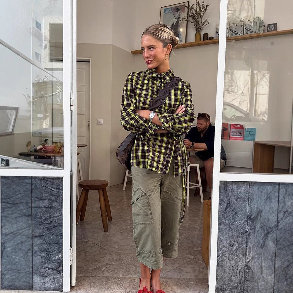 Ladies Checked Shirt Blouse with Drawstring Waist and Loose Fit Chichicherry - Chichicherry