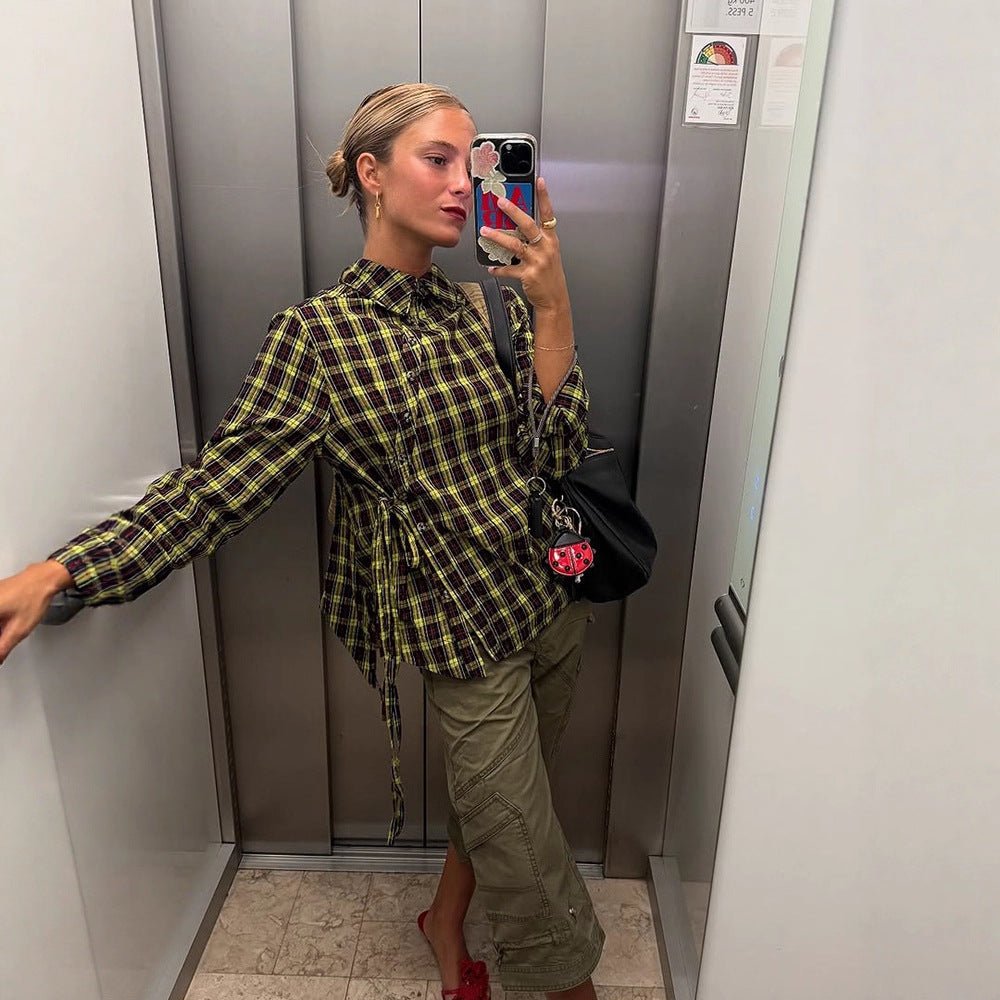 Ladies Checked Shirt Blouse with Drawstring Waist and Loose Fit Chichicherry - Chichicherry