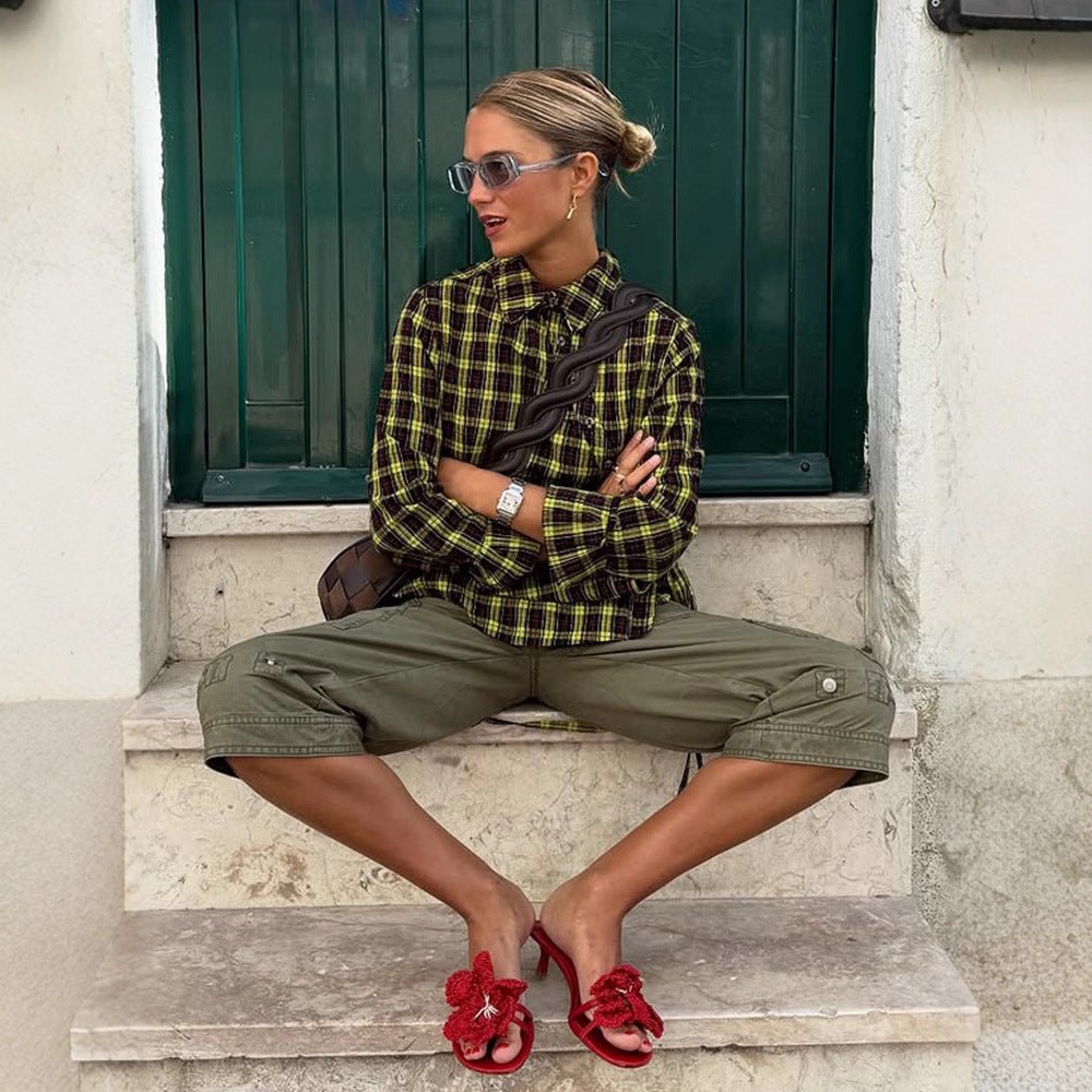 Ladies Checked Shirt Blouse with Drawstring Waist and Loose Fit Chichicherry - Chichicherry