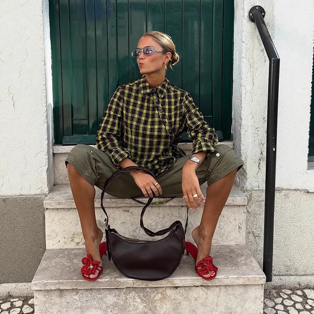 Ladies Checked Shirt Blouse with Drawstring Waist and Loose Fit Chichicherry - Chichicherry