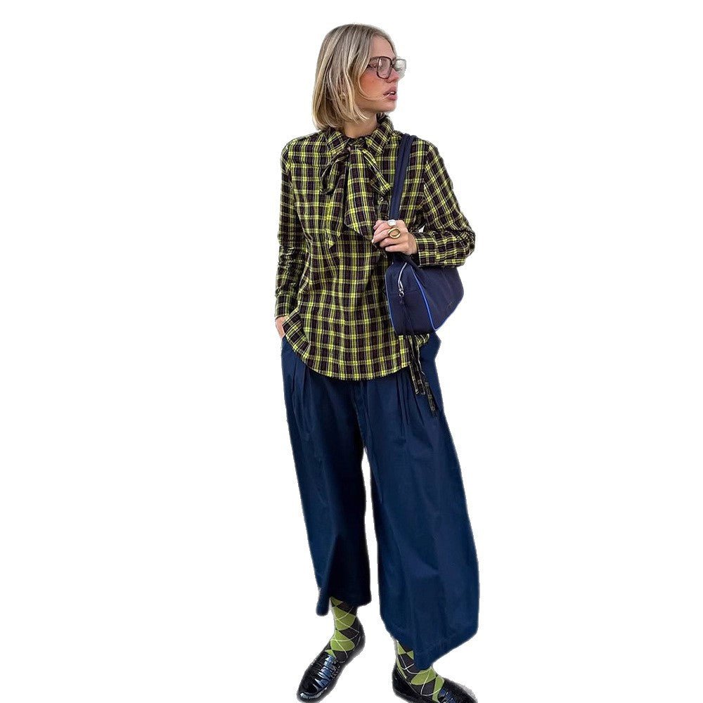 Ladies Checked Shirt Blouse with Drawstring Waist and Loose Fit Chichicherry - Chichicherry