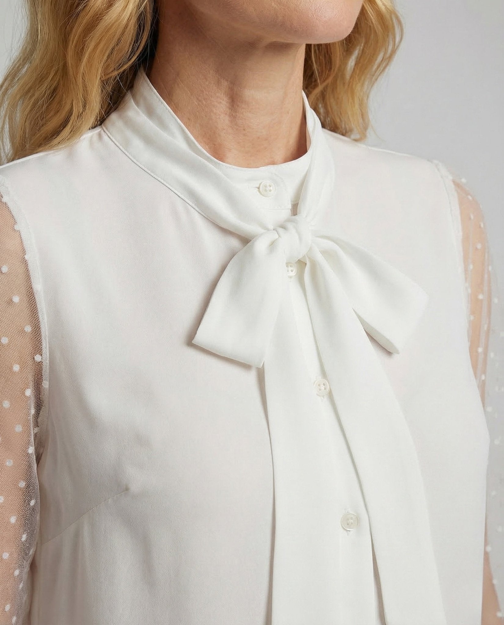 Ladies Chiffon Blouse Bow Collar Pearls - Chichicherry