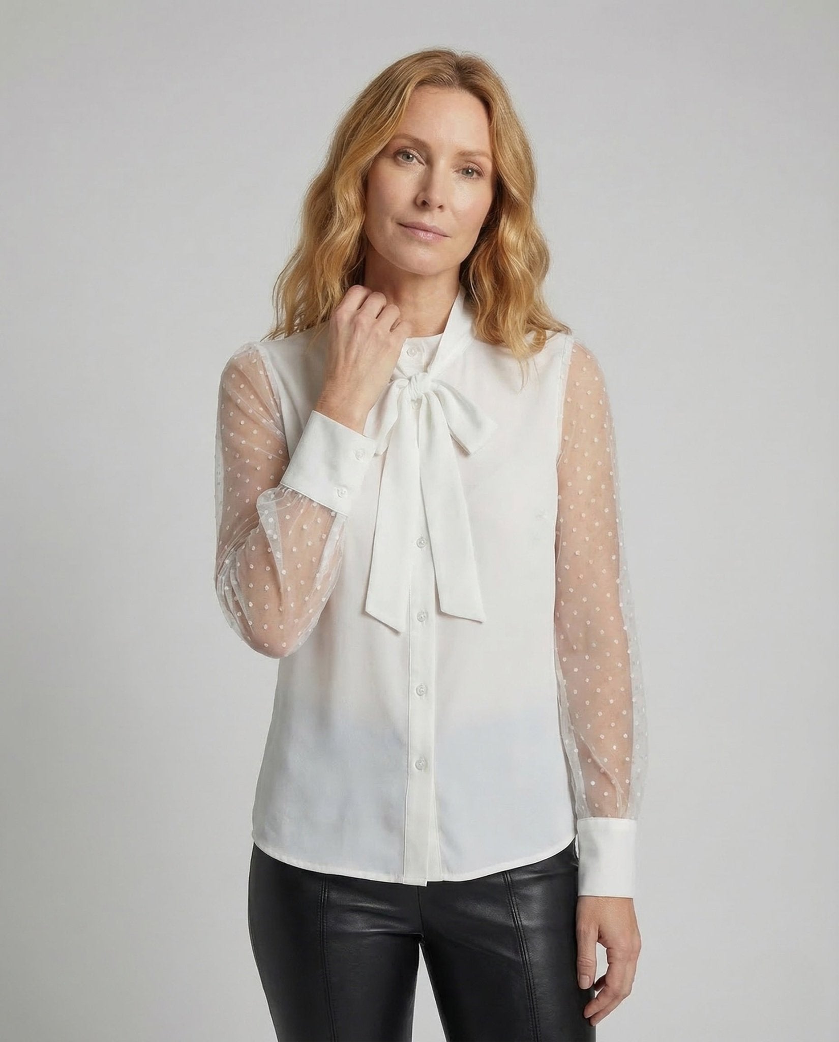 Ladies Chiffon Blouse Bow Collar Pearls - Chichicherry