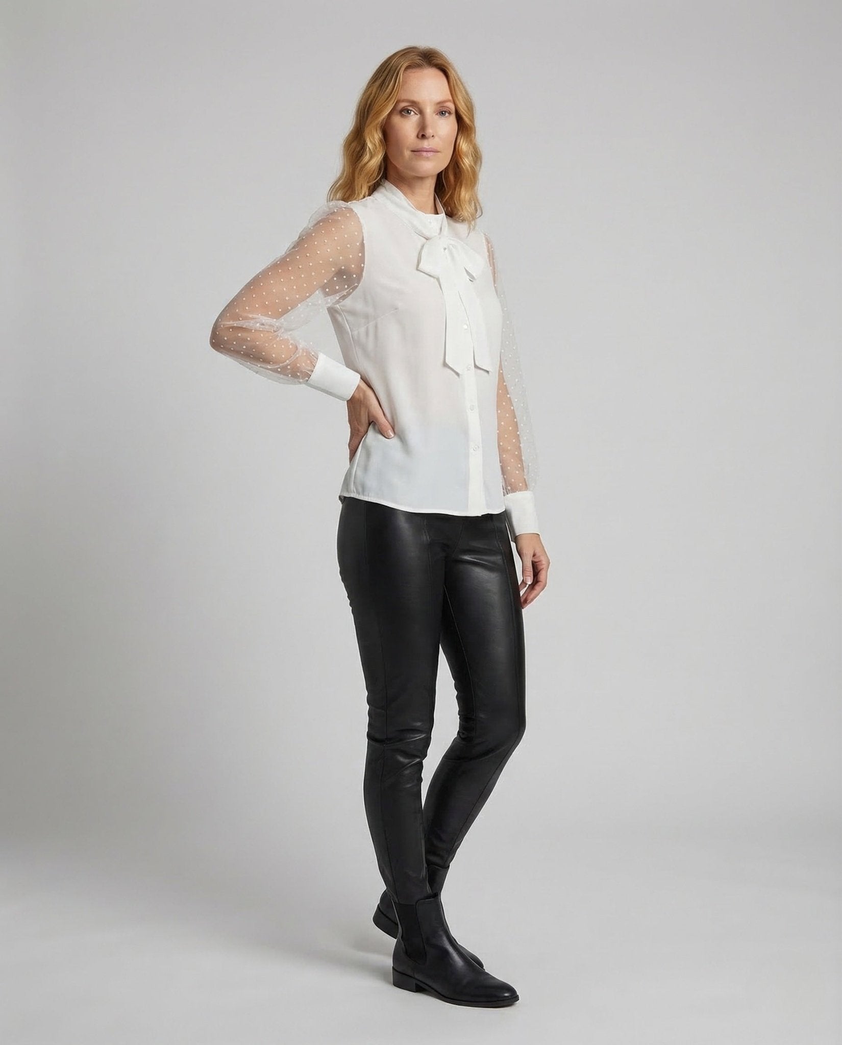 Ladies Chiffon Blouse Bow Collar Pearls - Chichicherry