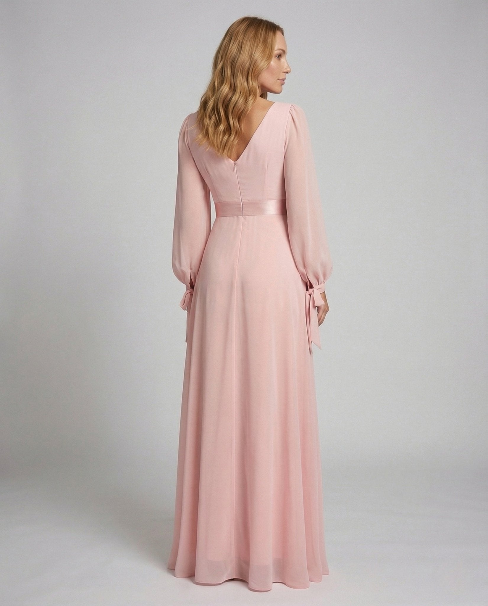 Ladies Chiffon Maxi Dress V Neck Balloon Sleeves - Chichicherry