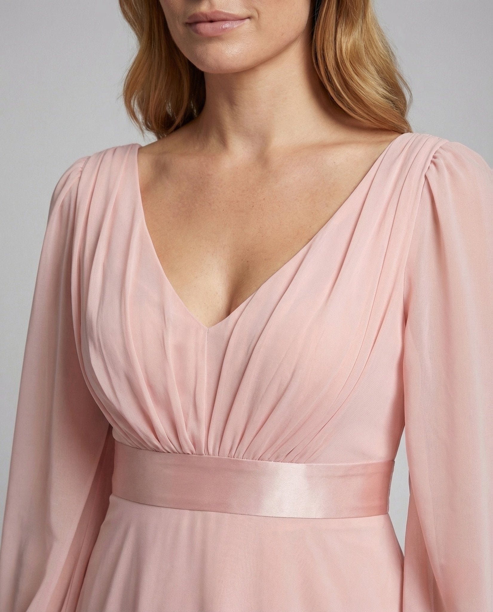 Ladies Chiffon Maxi Dress V Neck Balloon Sleeves - Chichicherry