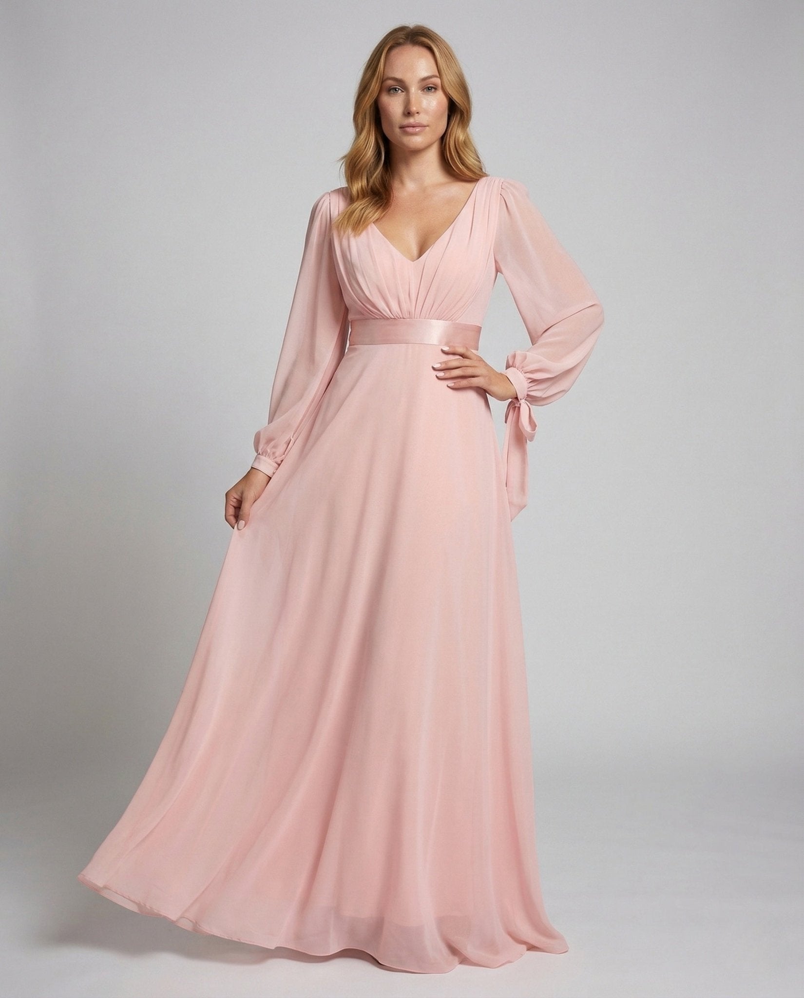 Ladies Chiffon Maxi Dress V Neck Balloon Sleeves - Chichicherry