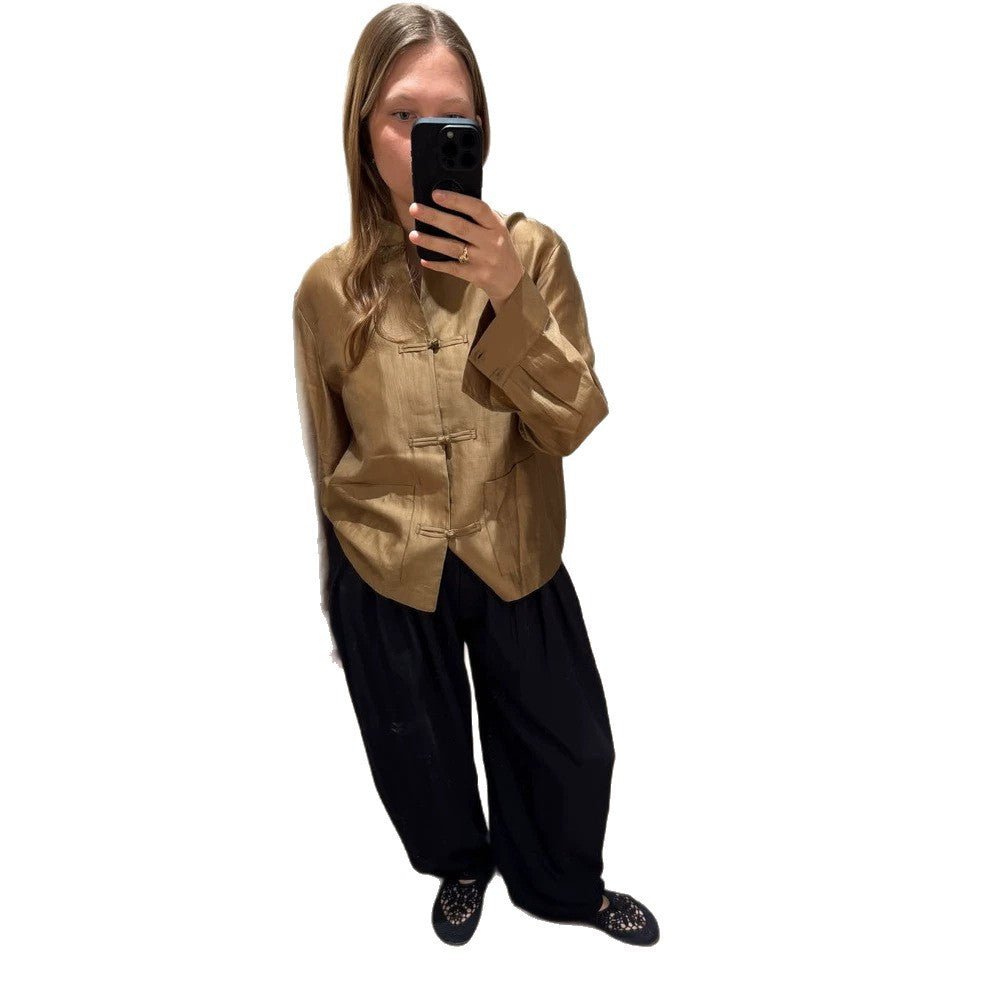 Ladies Chinese-inspired tunic shirt with stand-up collar, knot closures & crinkle texture Chichicherry - Chichicherry