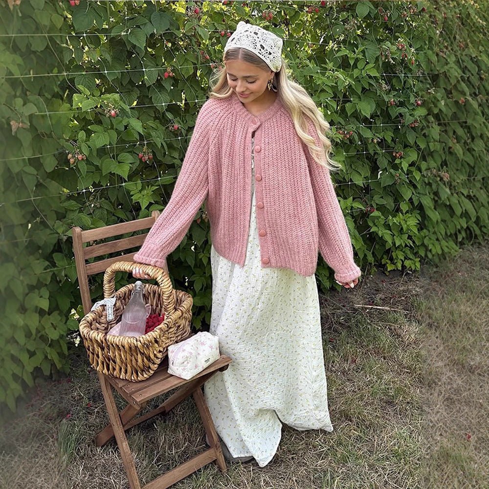 Ladies Chunky Knit Mohair Look Short Jacket with Raglan Sleeves & Decorative Button Placket Chichicherry - Chichicherry