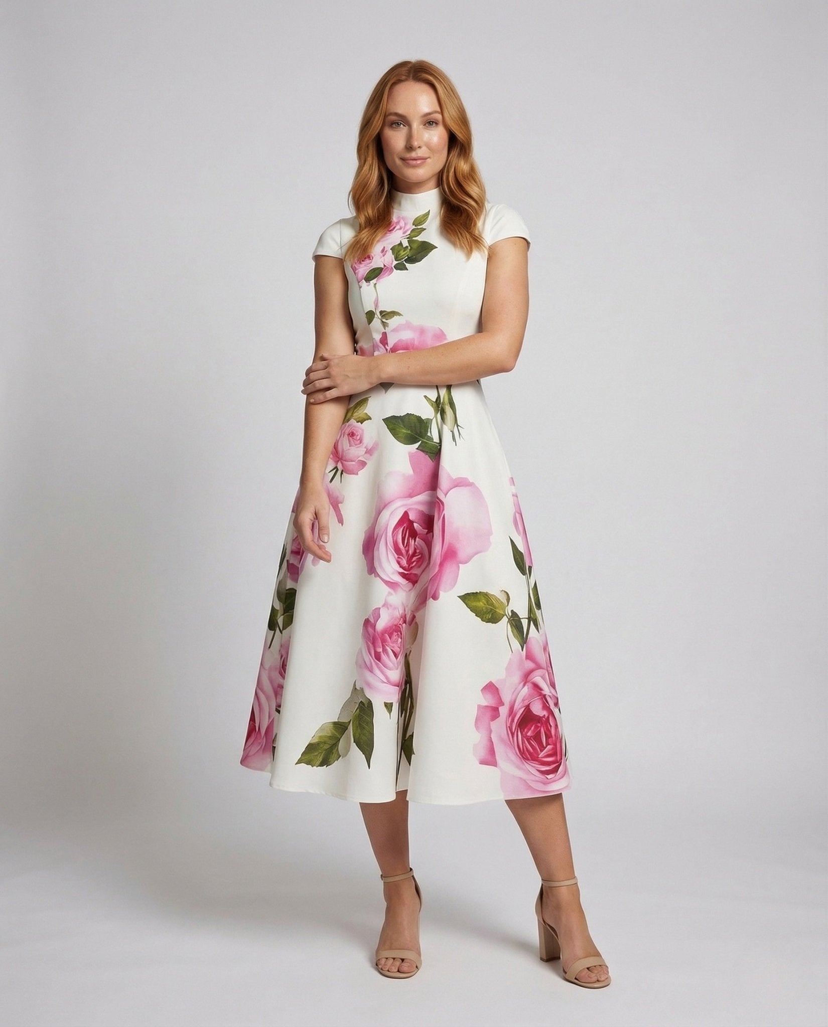 Ladies Cocktail Dress Fitted Pleated Skirt Round Neck Sleeveless - Chichicherry