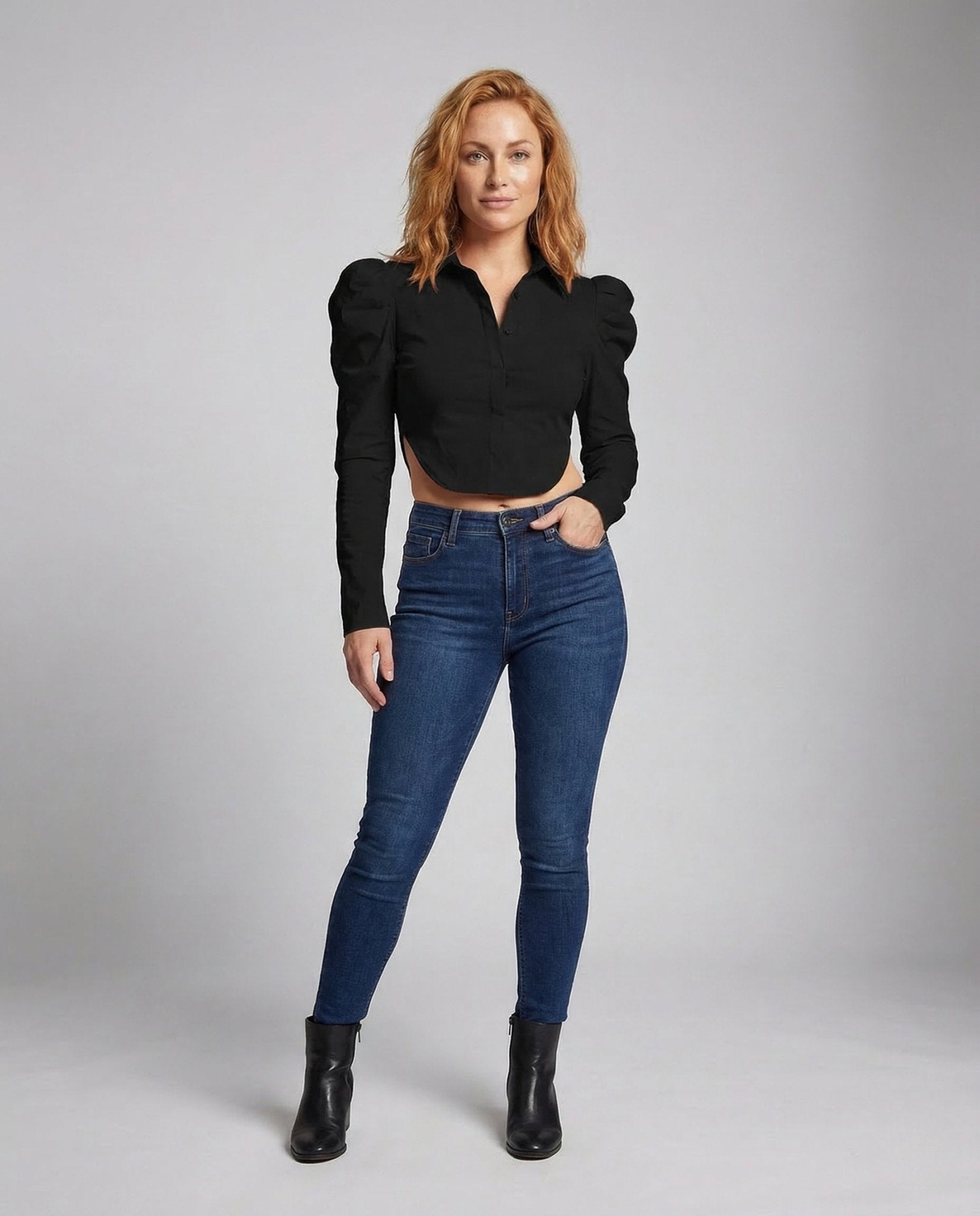 Ladies Crop Blouse Cut Out Puff Sleeves - Chichicherry