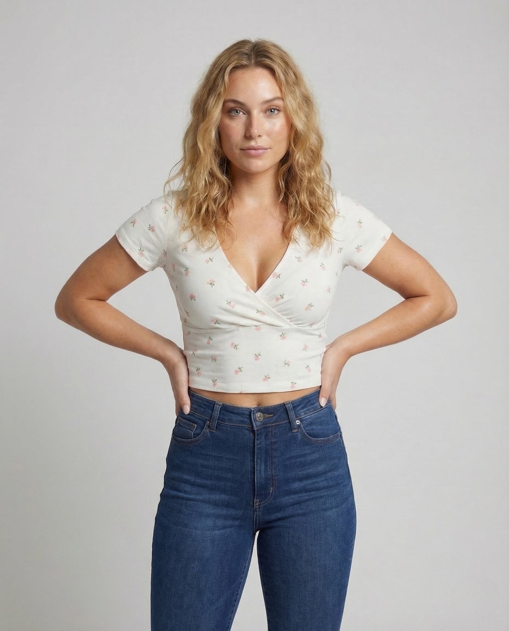 Ladies Crop Shirt Wrap Rose Print - Chichicherry