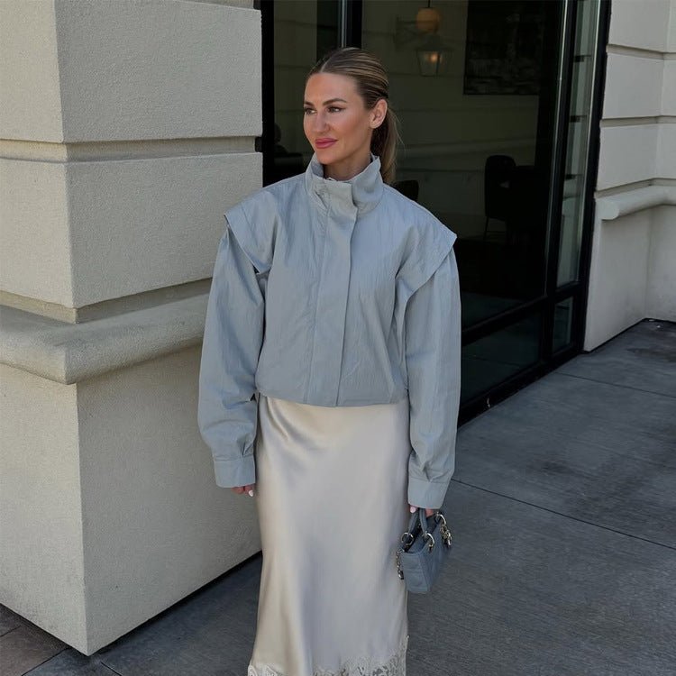Ladies Cropped Transitional Jacket with Stand Collar and Emphasized Shoulder Area Chichicherry - Chichicherry