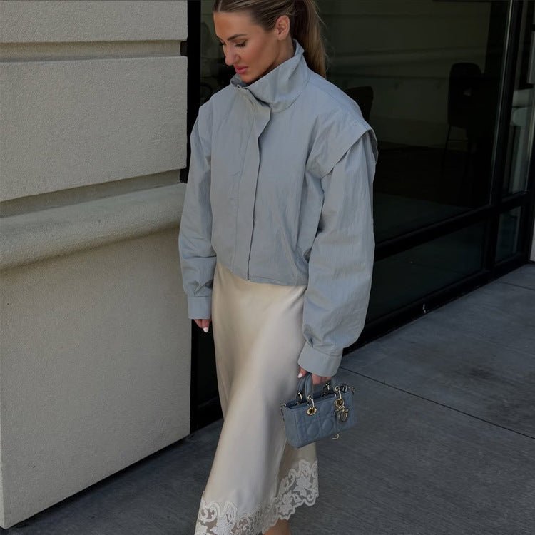Ladies Cropped Transitional Jacket with Stand Collar and Emphasized Shoulder Area Chichicherry - Chichicherry
