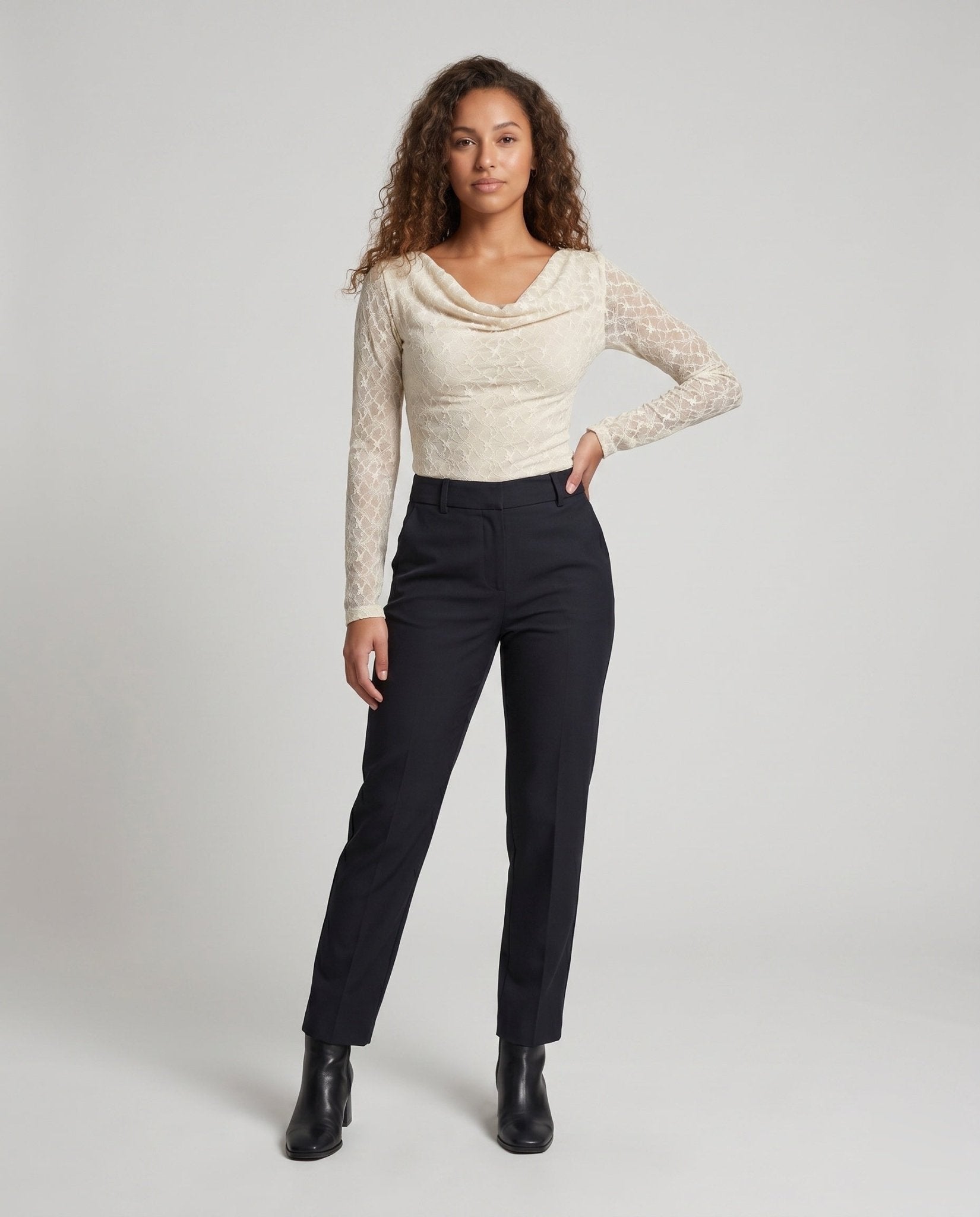 Ladies elegant top with soft waterfall neckline and fine lace accents - Chichicherry