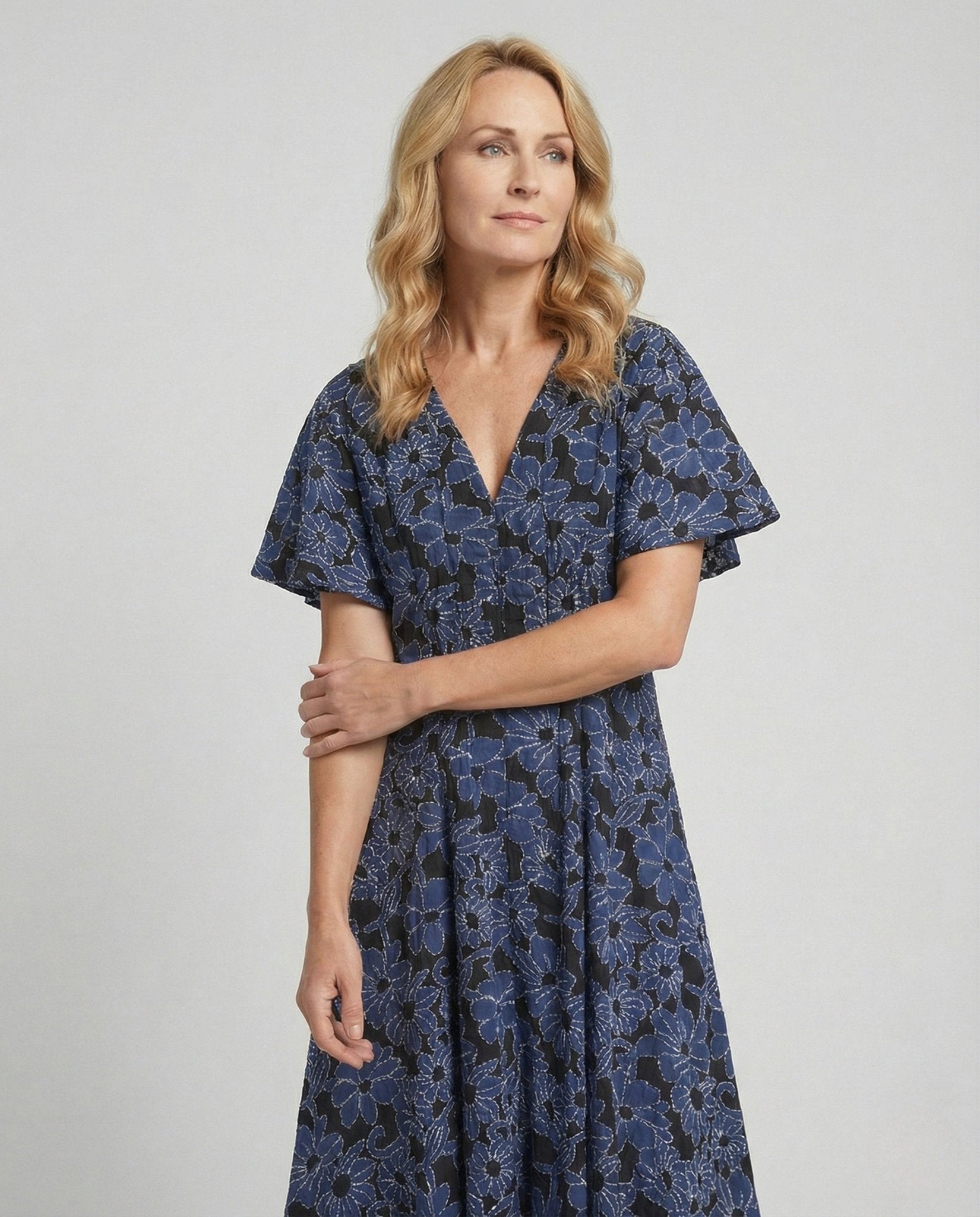 Ladies Embroidered Midi Dress with V-Neck and Batwing Sleeves - Chichicherry