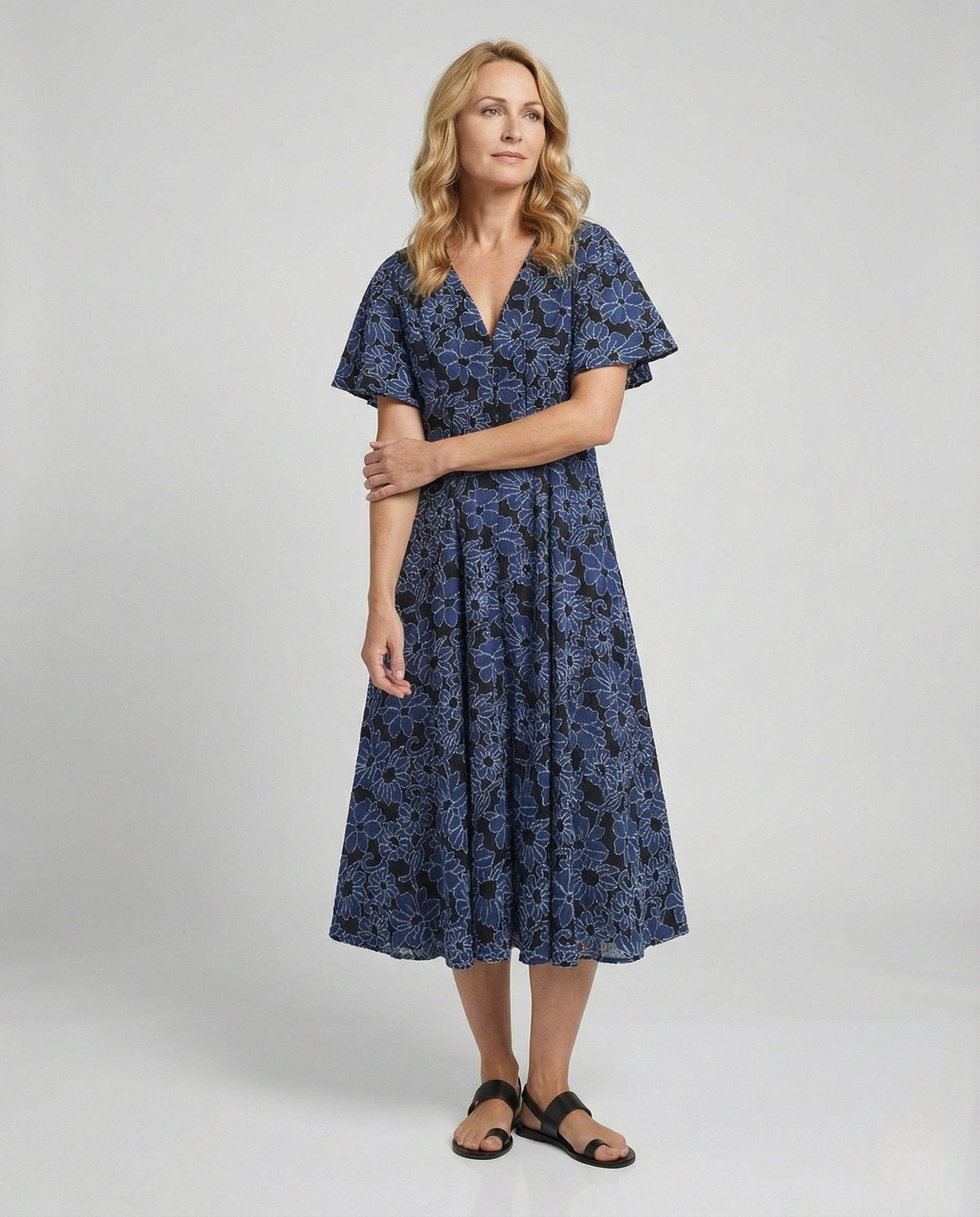 Ladies Embroidered Midi Dress with V-Neck and Batwing Sleeves - Chichicherry