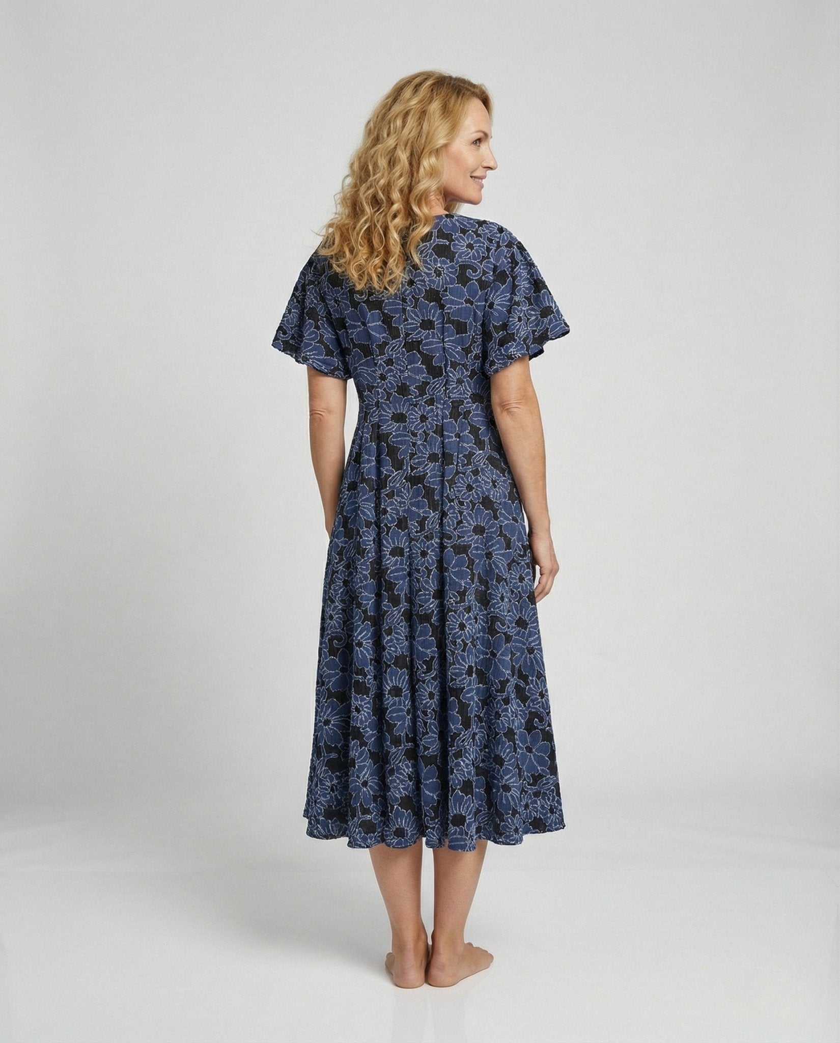 Ladies Embroidered Midi Dress with V-Neck and Batwing Sleeves - Chichicherry