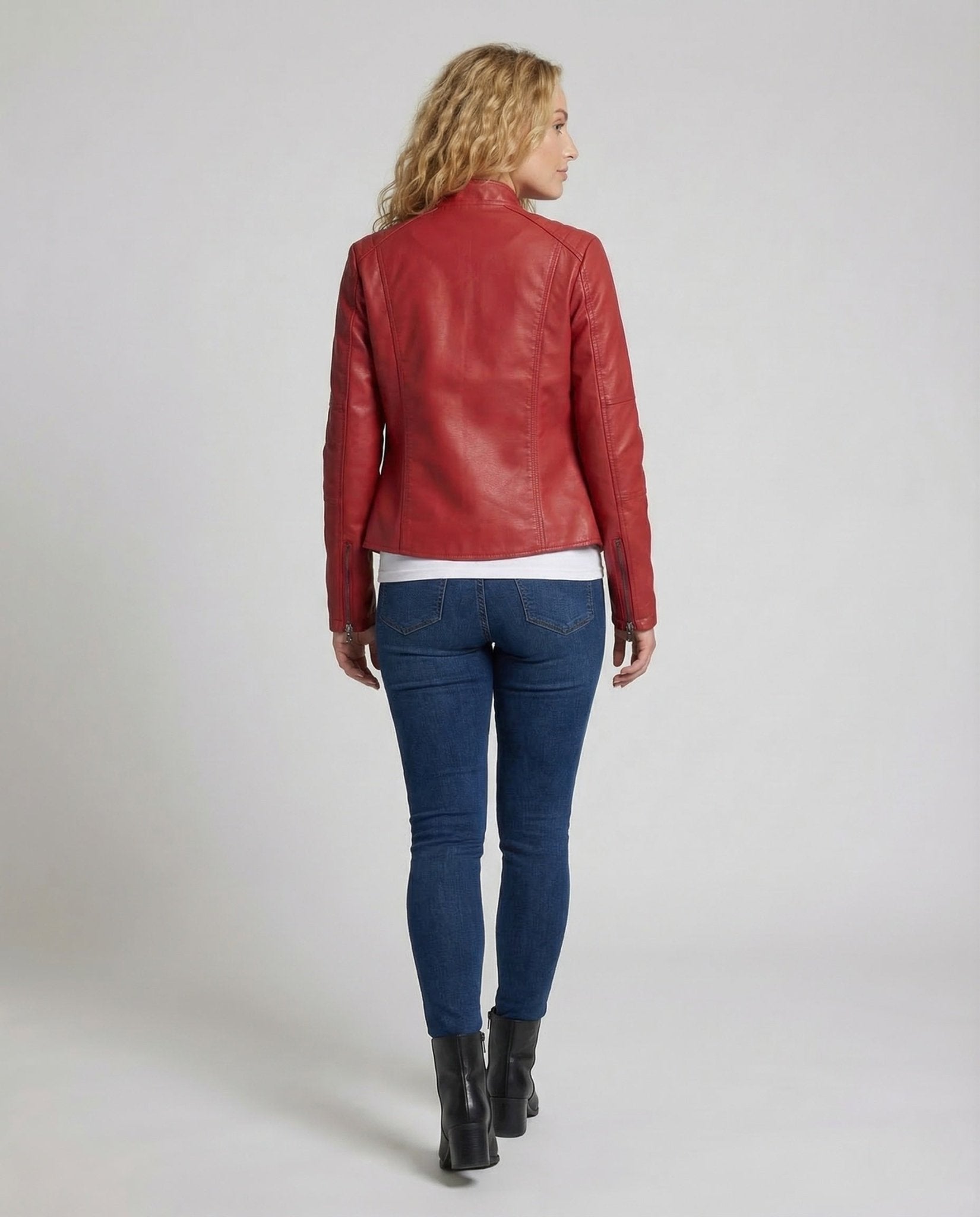 Ladies Faux Leather Jacket Tailored Stand Collar - Chichicherry