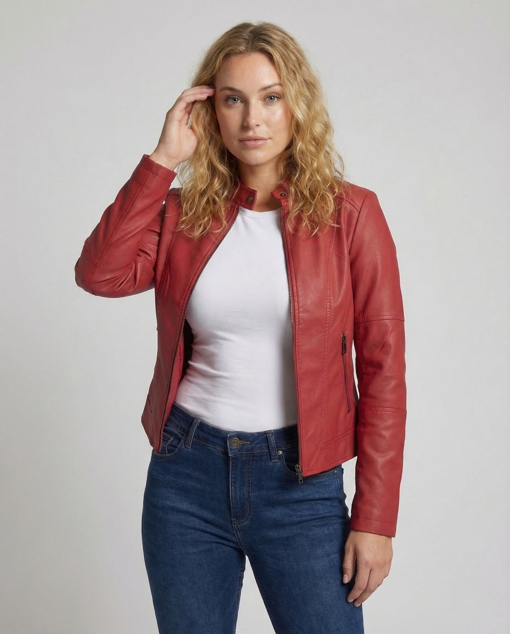 Ladies Faux Leather Jacket Tailored Stand Collar - Chichicherry