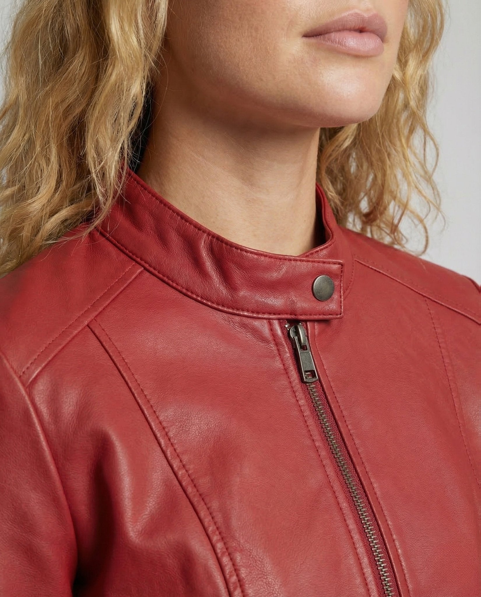 Ladies Faux Leather Jacket Tailored Stand Collar - Chichicherry