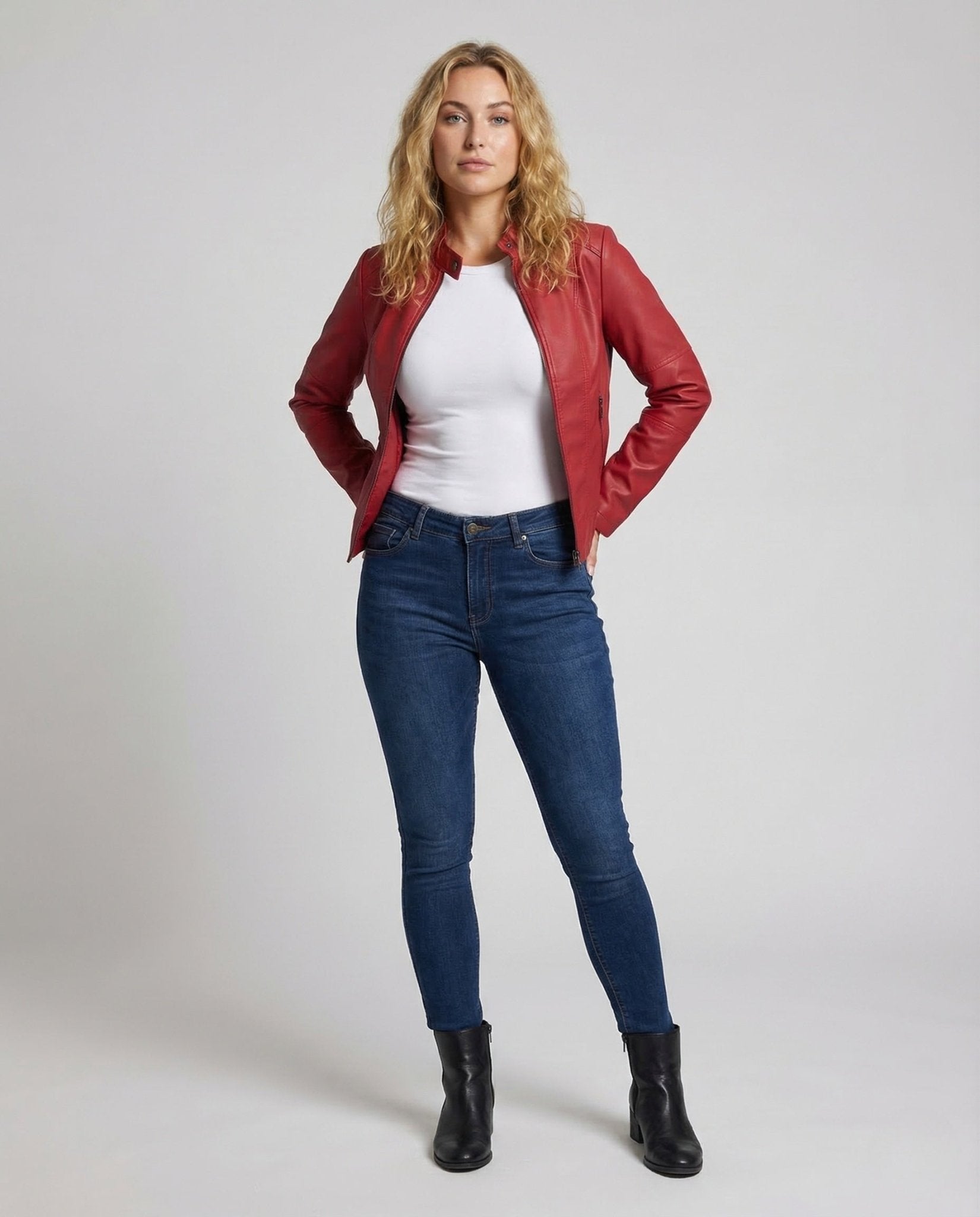 Ladies Faux Leather Jacket Tailored Stand Collar - Chichicherry