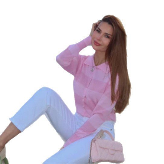 Ladies Fine Knit Cardigan-Shirt with Button Placket and Shirt Collar Chichicherry - Chichicherry