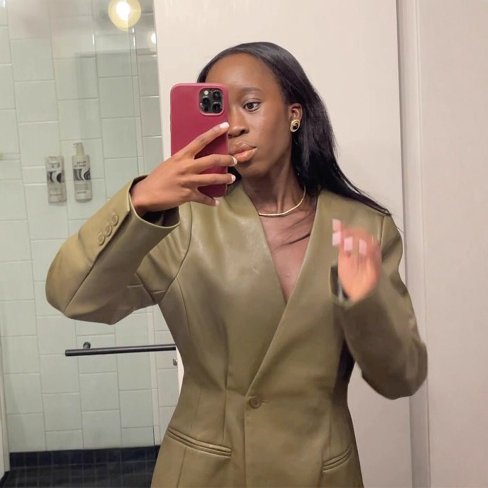 Ladies Fitted Faux Leather Blazer with Single-Breasted Button Placket and Defined Shoulder Chichicherry - Chichicherry