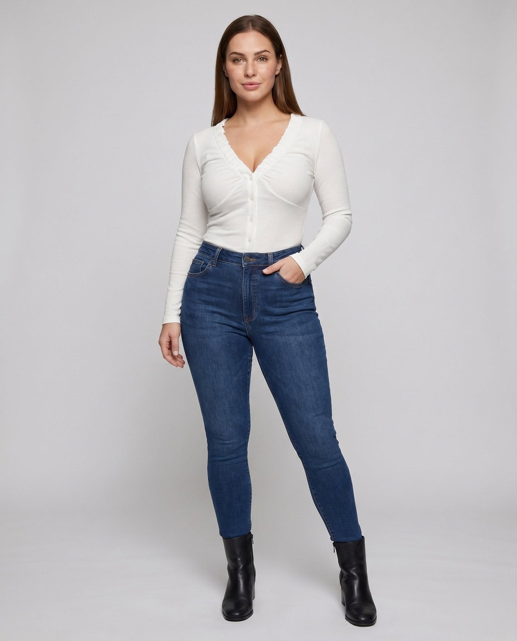Ladies fitted long-sleeve shirt with ruffle details - Chichicherry