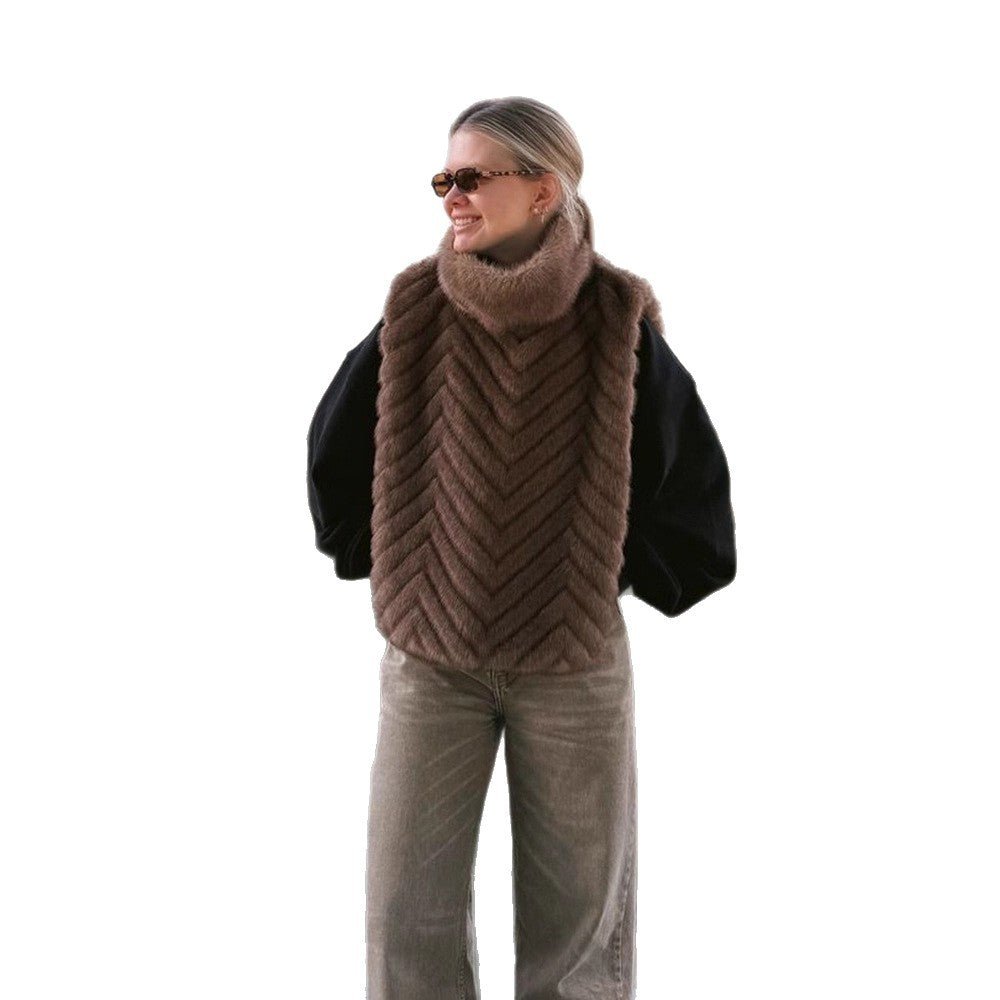 Ladies Fleece Lined Fur Poncho with High Roll Neck & Chevron Texture Chichicherry - Chichicherry