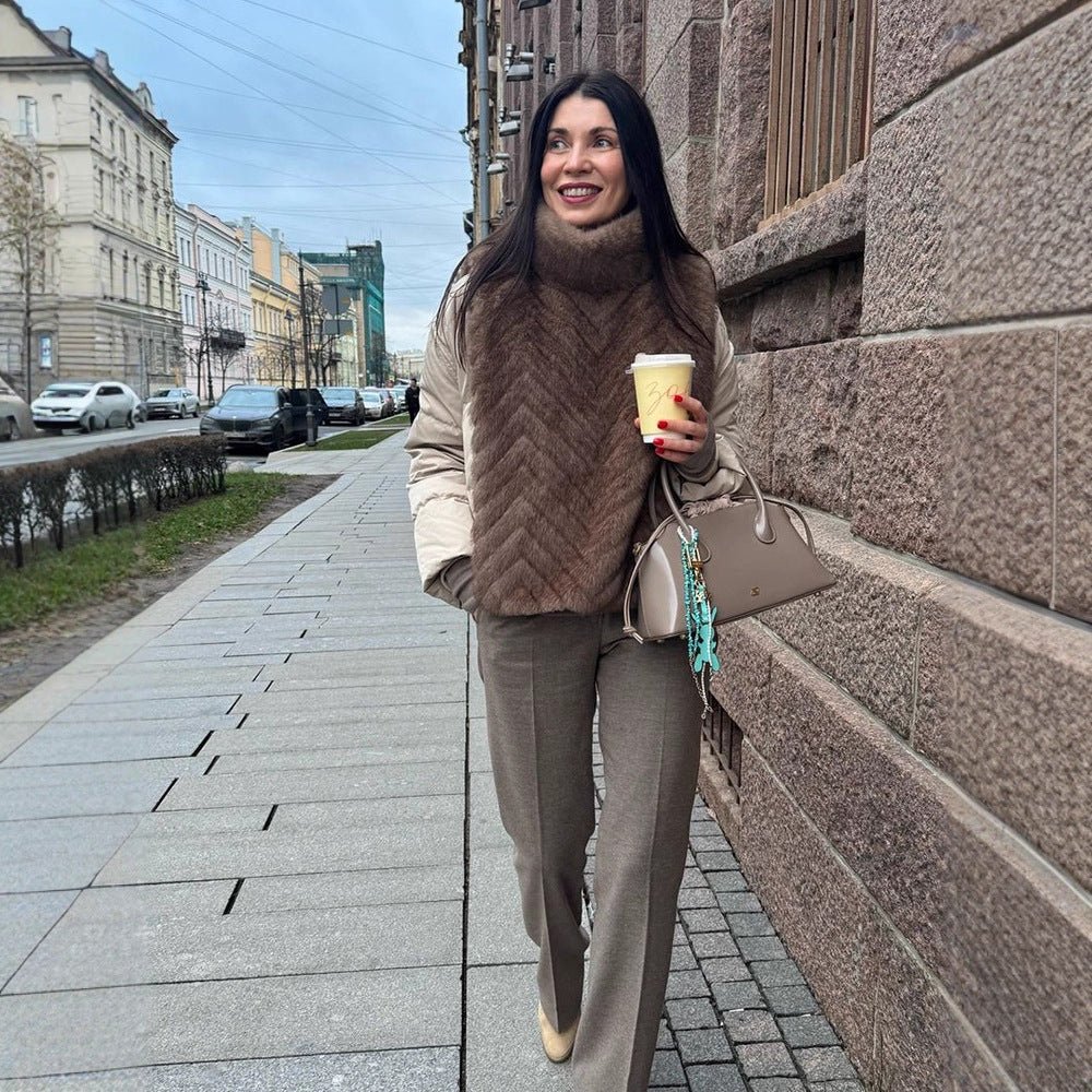 Ladies Fleece Lined Fur Poncho with High Roll Neck & Chevron Texture Chichicherry - Chichicherry