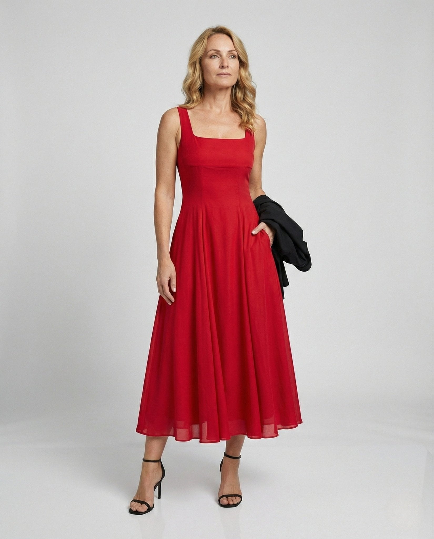 Ladies Floor-Length Chiffon Evening Dress with Pockets - Chichicherry