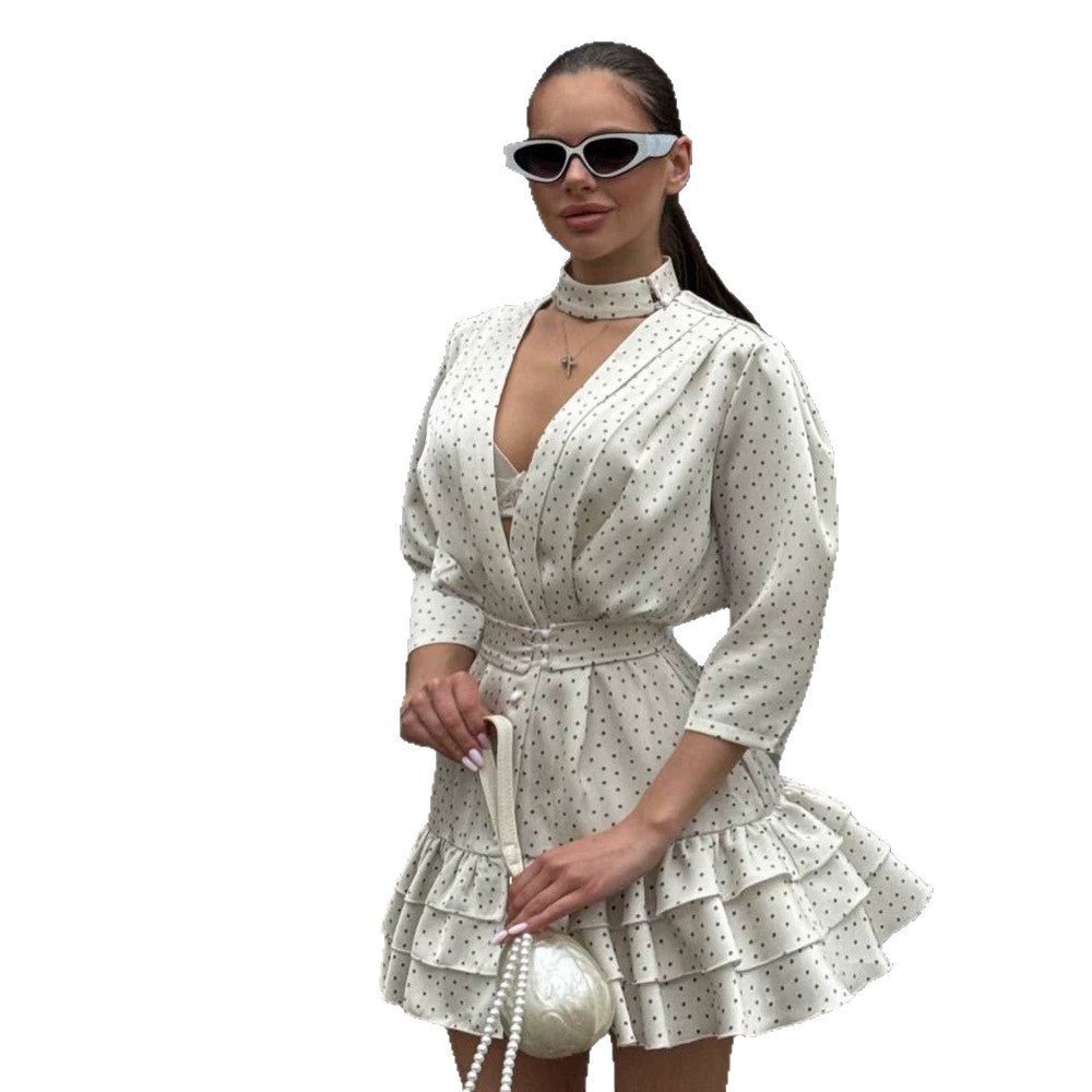 Ladies Floral Chiffon Mini Dress with V-Neck, Waistbelt & Ruffle Steps Chichicherry - Chichicherry