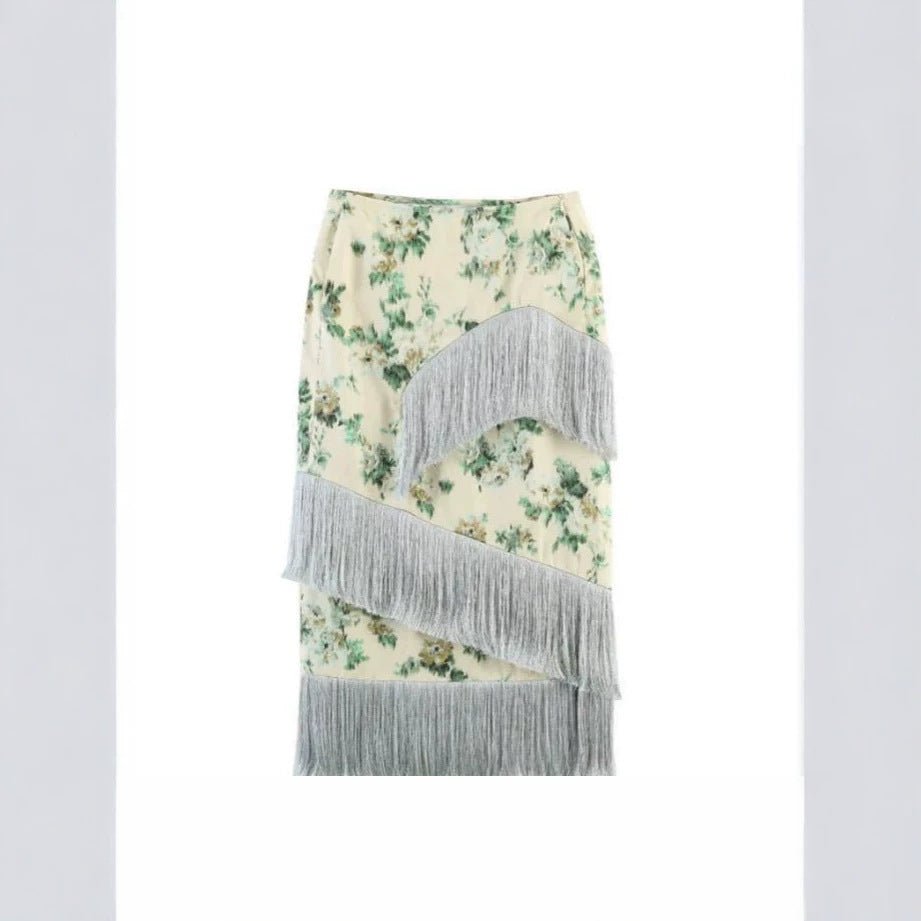 Ladies Floral Printed Midi Skirt with Diagonal Fringe Trim and Slim Silhouette Chichicherry - Chichicherry