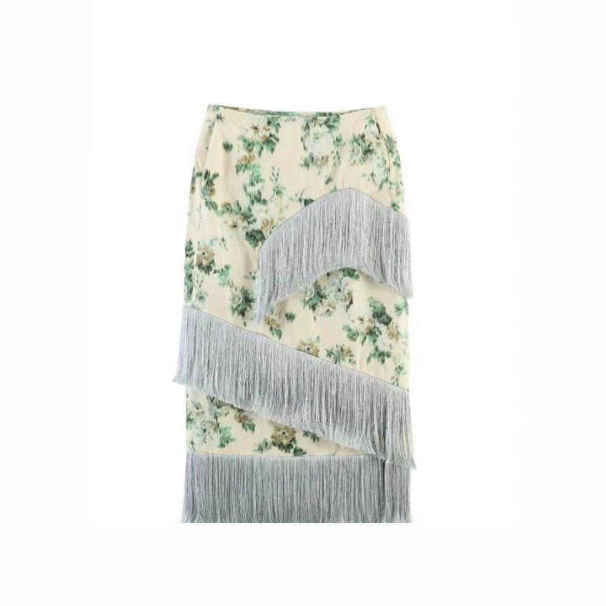 Ladies Floral Printed Midi Skirt with Diagonal Fringe Trim and Slim Silhouette Chichicherry - Chichicherry