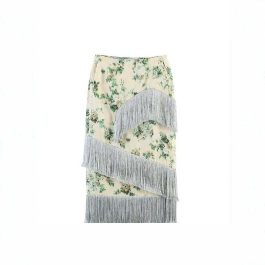 Ladies Floral Printed Midi Skirt with Diagonal Fringe Trim and Slim Silhouette Chichicherry - Chichicherry
