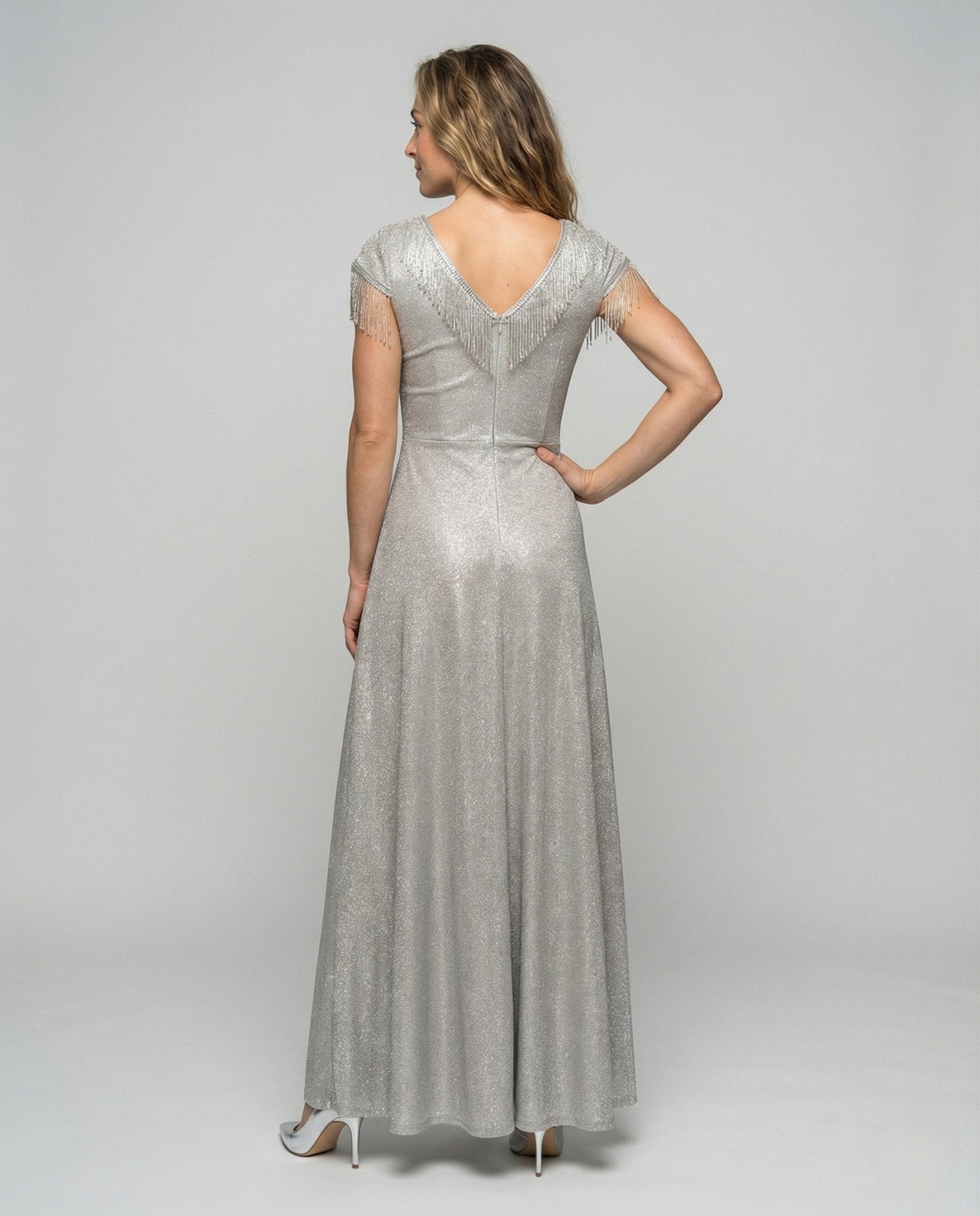 Ladies Glittering Evening Dress with Fringe Sleeves - Chichicherry