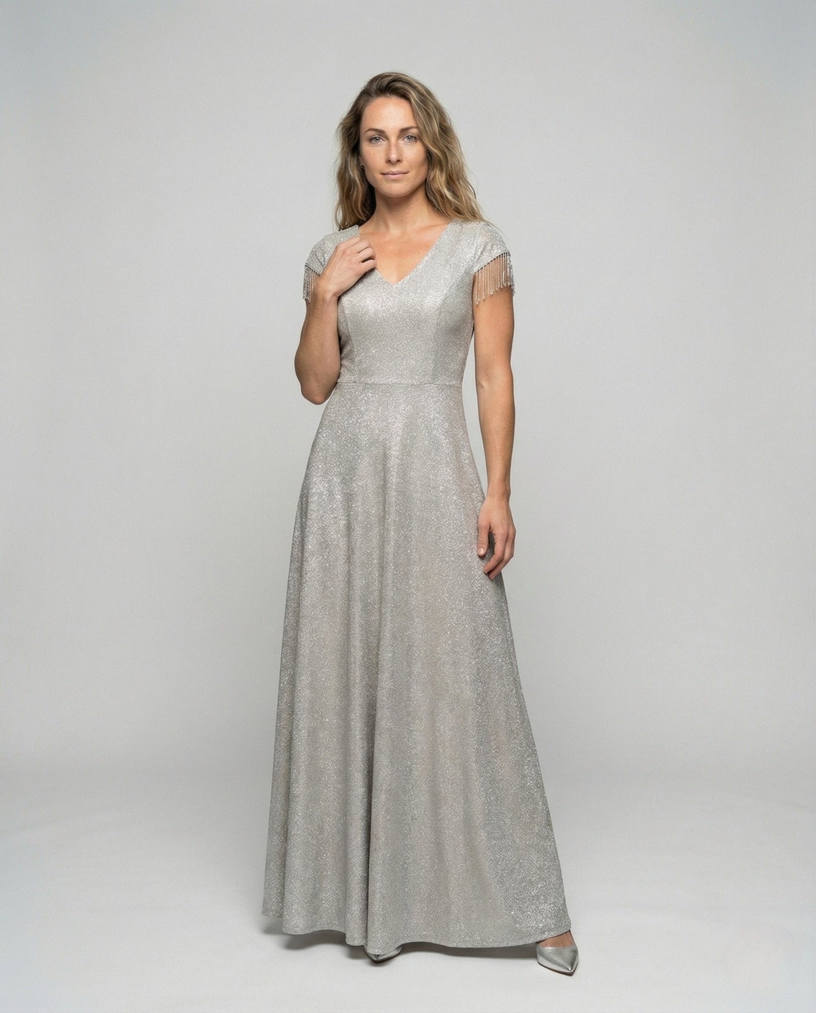Ladies Glittering Evening Dress with Fringe Sleeves - Chichicherry