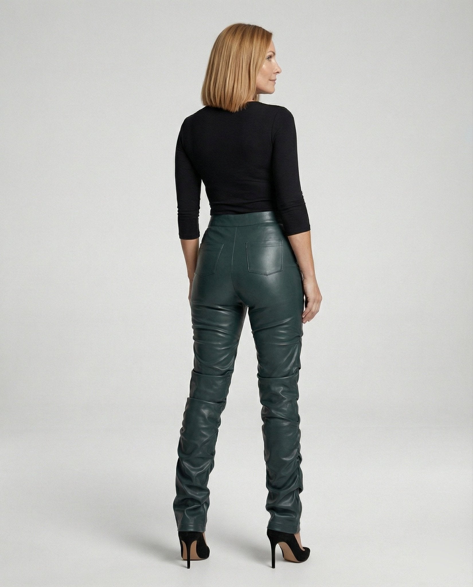 Ladies High-Waist Faux Leather Pants with Wide Leg - Chichicherry