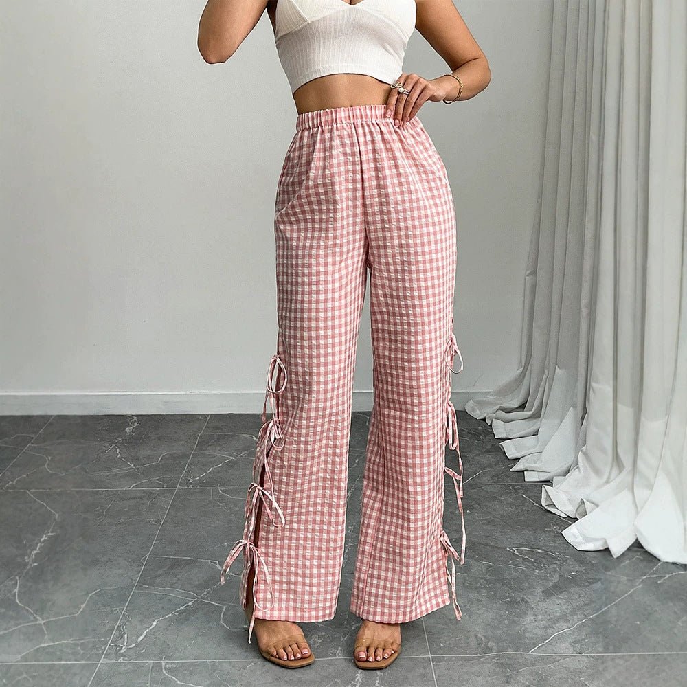 Ladies High-Waist Linen Look Pants with Gingham Check, Wide Leg & Side Tie Details Chichicherry - Chichicherry