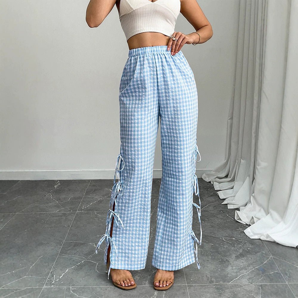Ladies High-Waist Linen Look Pants with Gingham Check, Wide Leg & Side Tie Details Chichicherry - Chichicherry