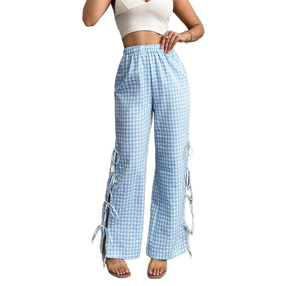 Ladies High-Waist Linen Look Pants with Gingham Check, Wide Leg & Side Tie Details Chichicherry - Chichicherry