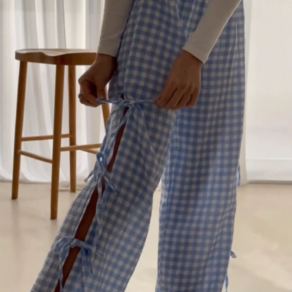 Ladies High-Waist Linen Look Pants with Gingham Check, Wide Leg & Side Tie Details Chichicherry - Chichicherry