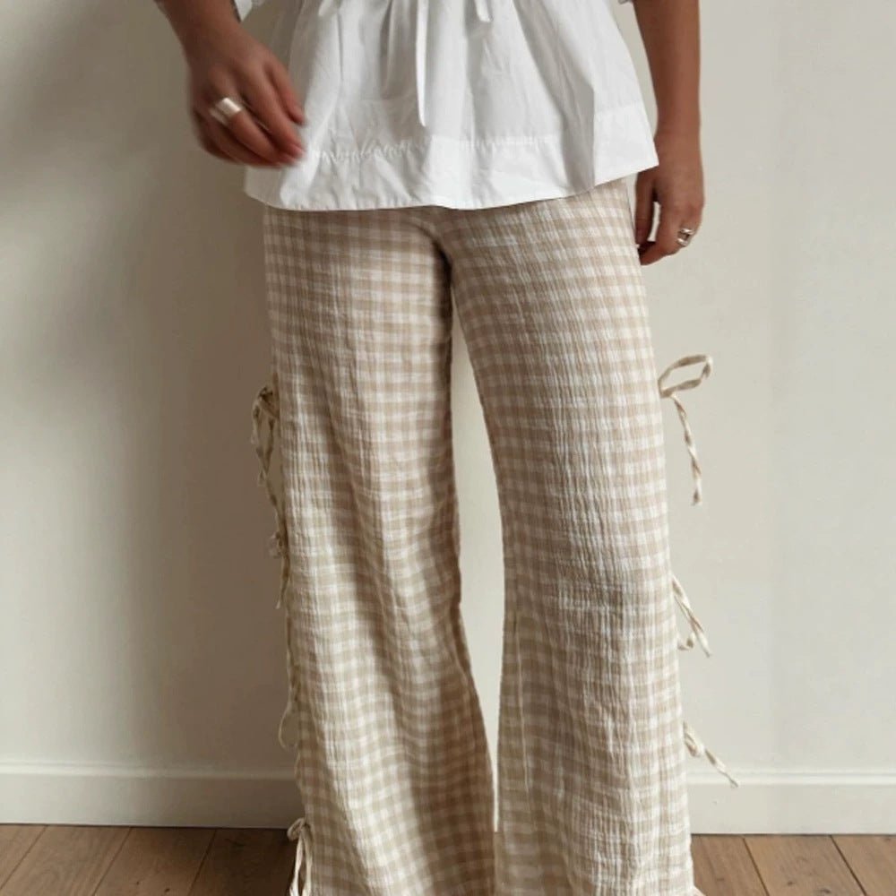 Ladies High-Waist Linen Look Pants with Gingham Check, Wide Leg & Side Tie Details Chichicherry - Chichicherry