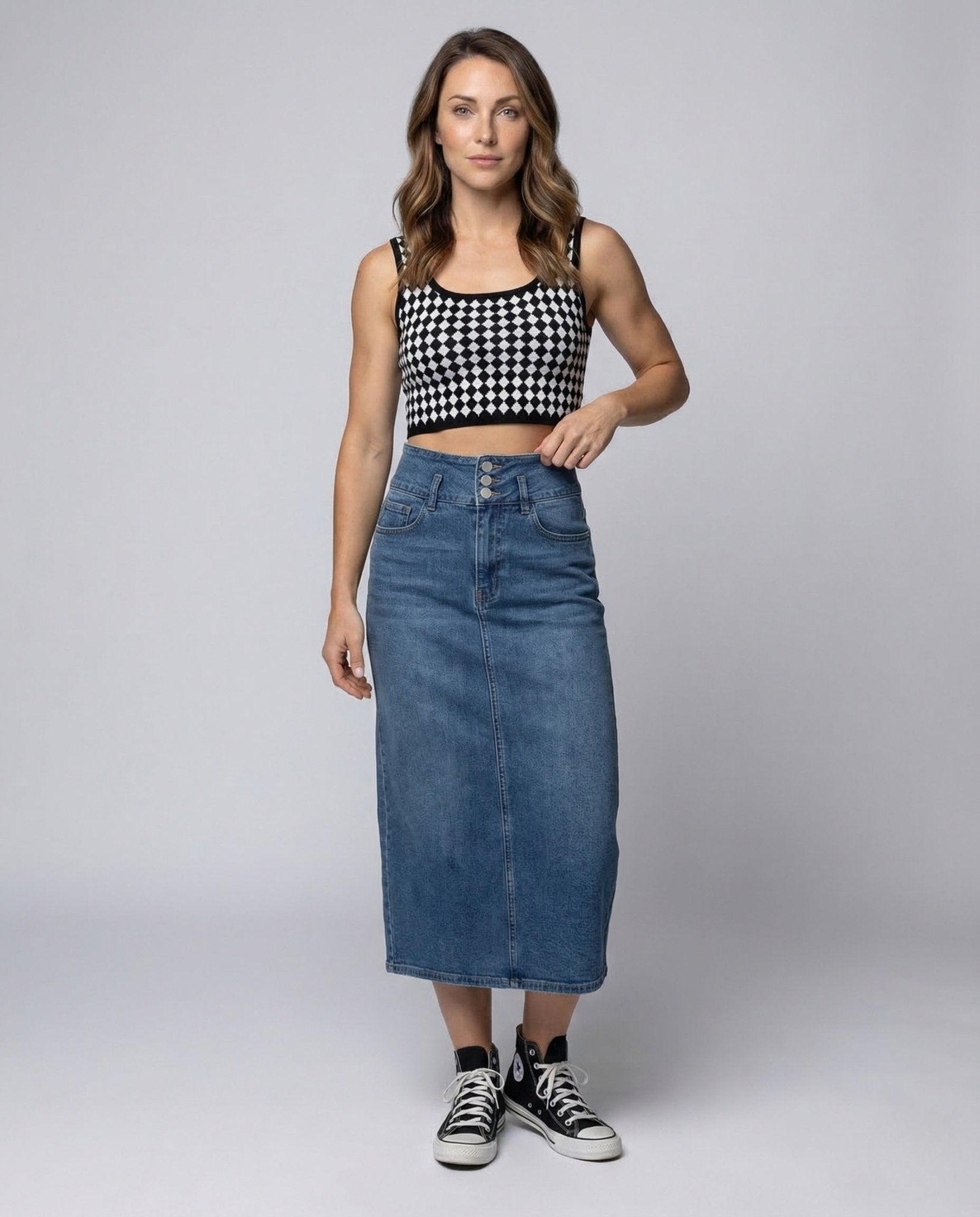 Ladies Jeans Midi Skirt Front Split - Chichicherry