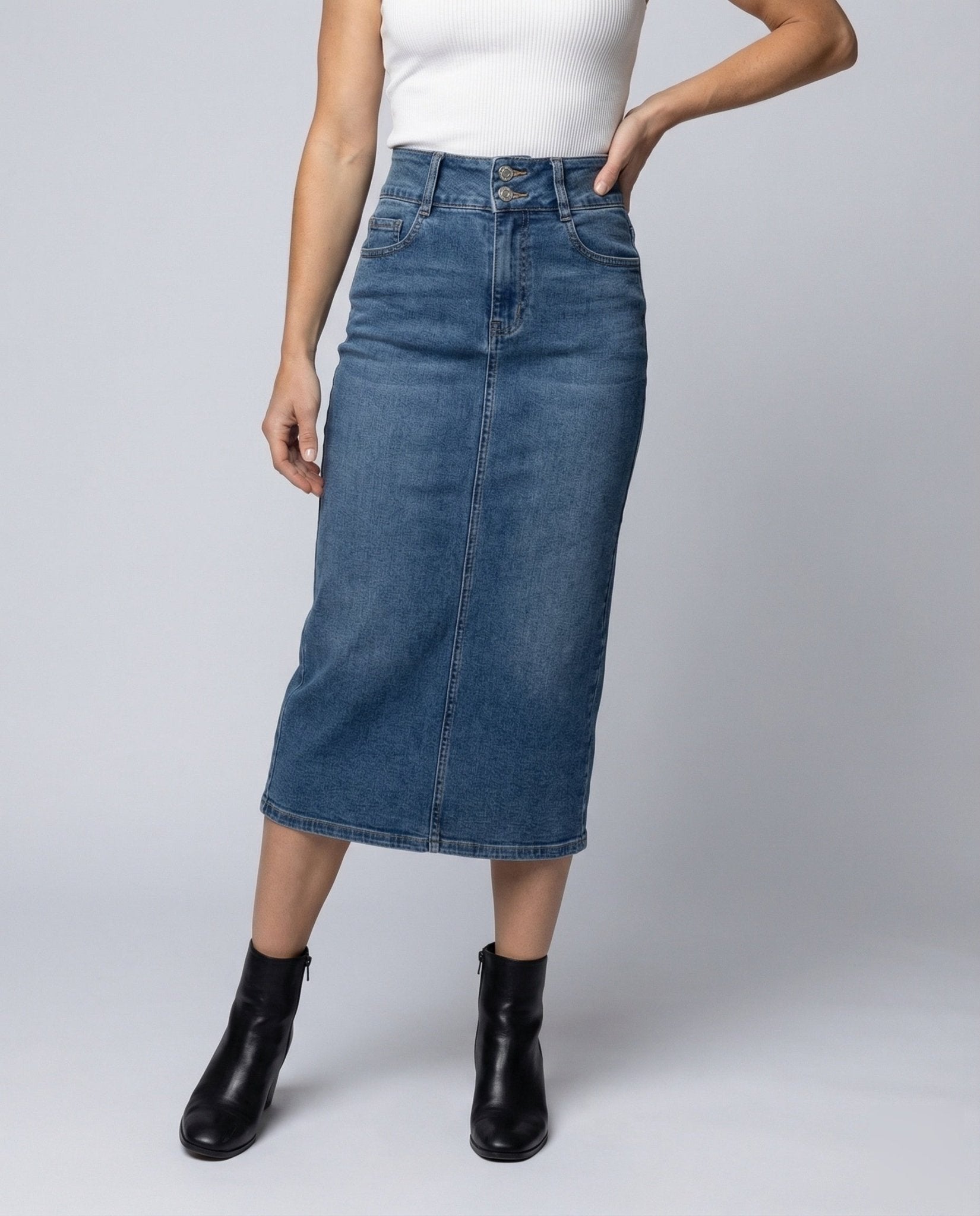 Ladies Jeans Midi Skirt Front Split - Chichicherry