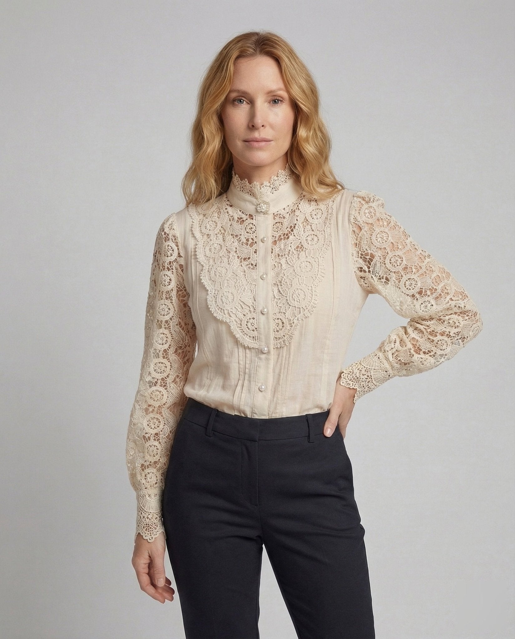 Ladies Lace Blouse Stand - up Collar Pearls - Chichicherry