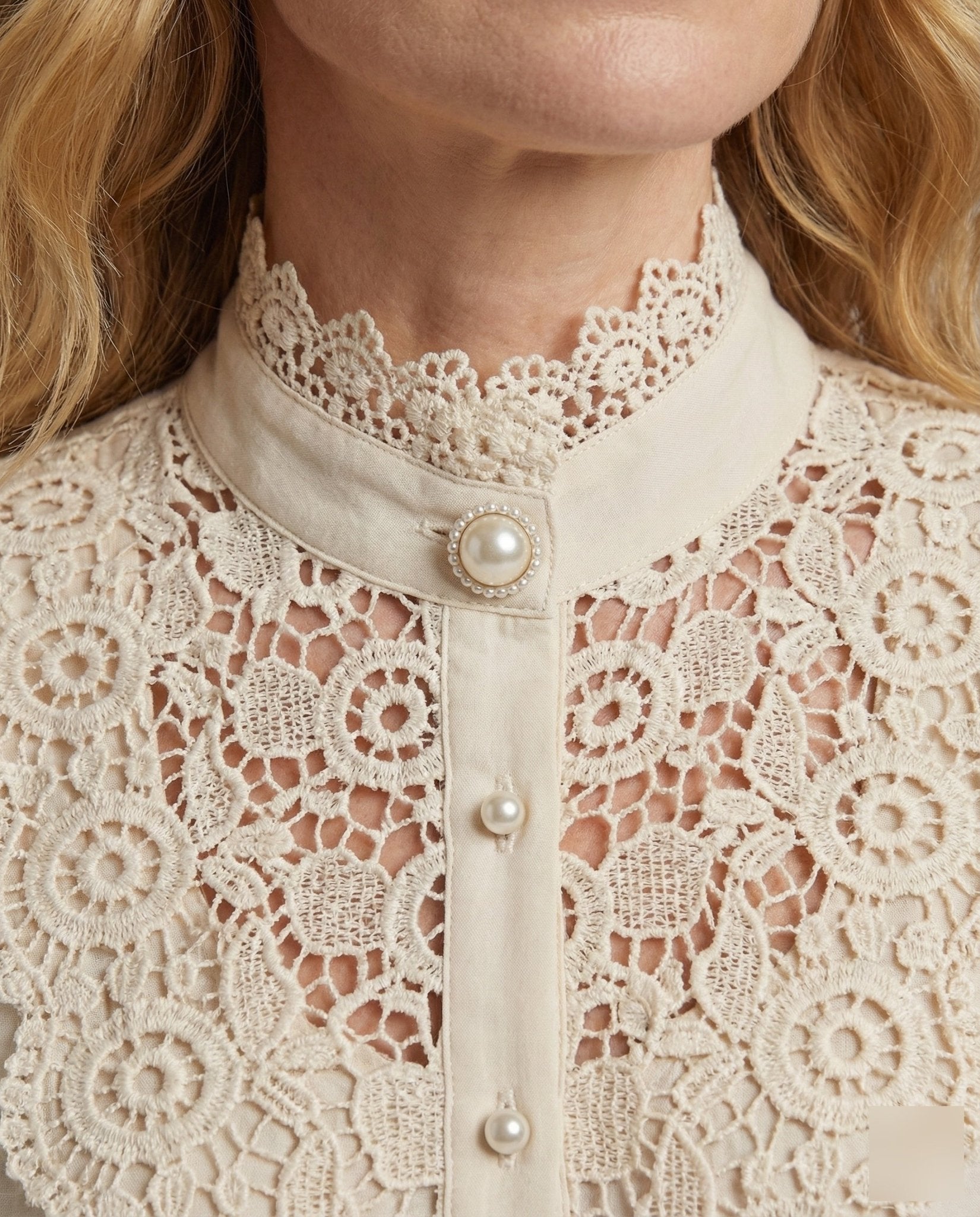Ladies Lace Blouse Stand - up Collar Pearls - Chichicherry